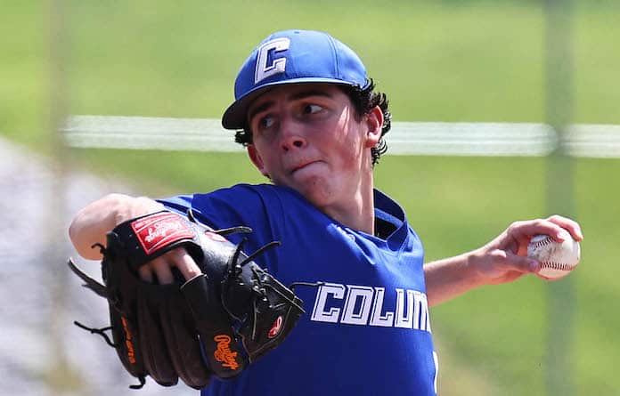 Brady Mathews (5) of Columbia delivers a pitch to Breese Central in the Class 2A Columbia baseball regional at Columbia High School in Columbia, Illinois on Saturday, May 18, 2024.