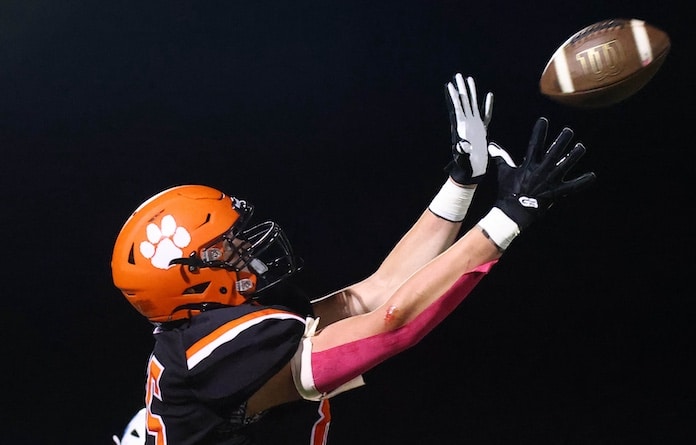 Alex Stell (85) of Waterloo reaches up to make the catch against Jerseyville on Friday, October 4, 2024 at Waterloo High School. Paul Baillargeon