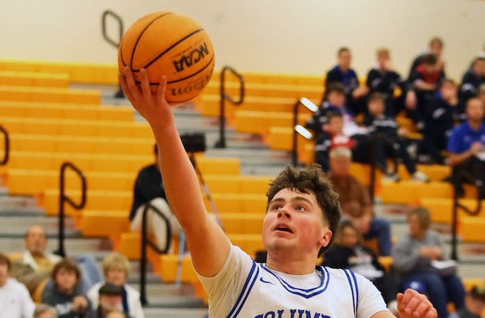 River Randall (2) of Columbia goes up for the shot against CORLHS at the Wesclin Tip-Off Classic a Wesclin High School on Monday, November 25, 2024. Paul Baillargeon