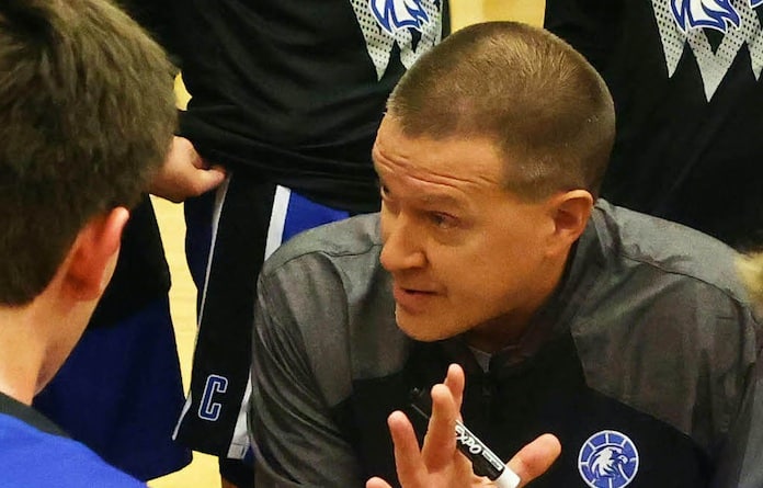 Columbia coach Mark Sandstrom talks to his Eagles during a time out against Mater Dei in a second round game of the Wesclin Tip- Off at Wesclin HIgh School on Tuesday, November 21, 2023. Paul Baillargeon