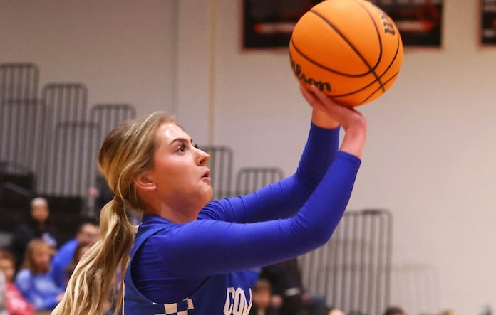 Kinley Jany (10) of Columbia takes a shot against Waterloo at the Waterlooo Holiday Tournament at Waterloo High School on Thursday, December 27, 2024. Paul Baillargeon