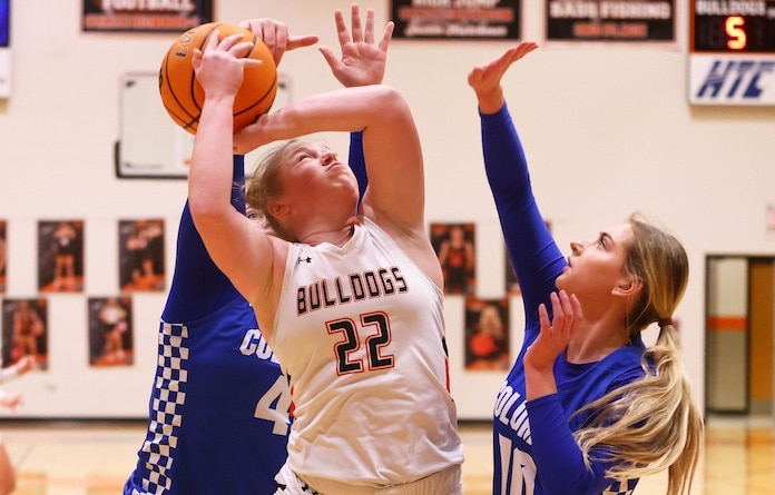 Aubrey Heck (22) of Waterloo if fouled while shooting against Columbia at the Waterlooo Holiday Tournament at Waterloo High School on Thursday, December 27, 2024. Paul Baillargeon