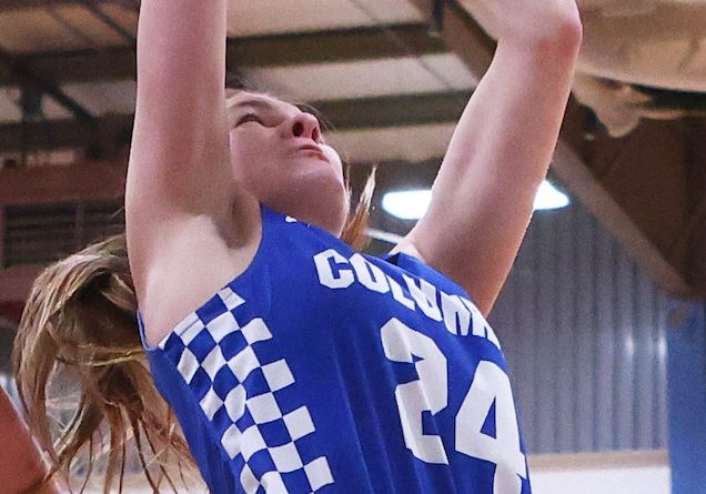 Ava Mathews (24) of Columbia goes up for the shot against Gibault at the Candy Cane Classic girls Christmas Tournament at Gibault Catholic High School on Saturday, December 21, 2024. Paul Baillargeon