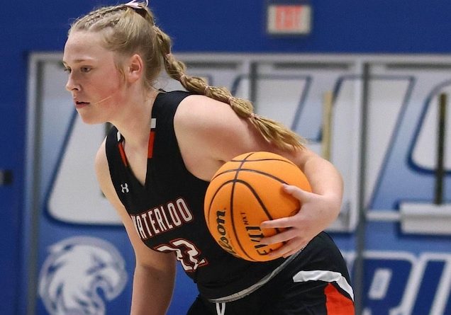 Aubrey Heck (22) of Waterloo looks to make a play against Father McGivney in the 2024 Columbia Tip off Classic at Columbia High School on Monday, November 18, 2024. Paul Baillargeon