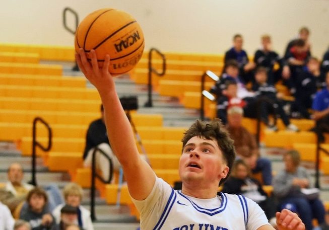 River Randall (2) of Columbia goes up for the shot against CORLHS at the Wesclin Tip-Off Classic a Wesclin High School on Monday, November 25, 2024. Paul Baillargeon