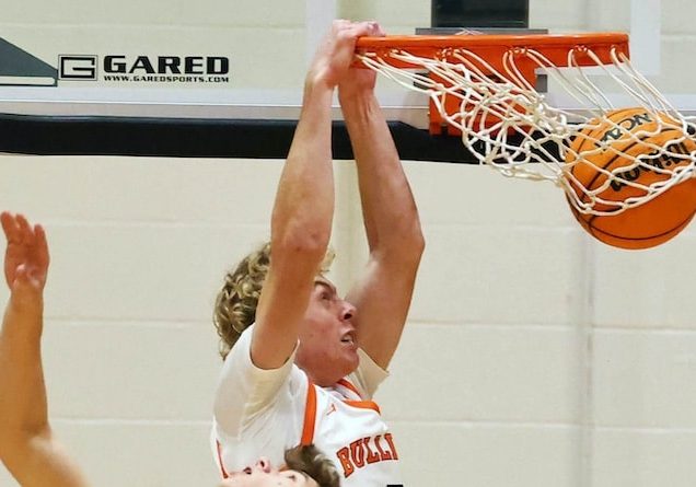 Max Oswald (2) of Waterloo goes up for the slam dunk against Gibault at Waterloo High School on Monday February 17, 2025.